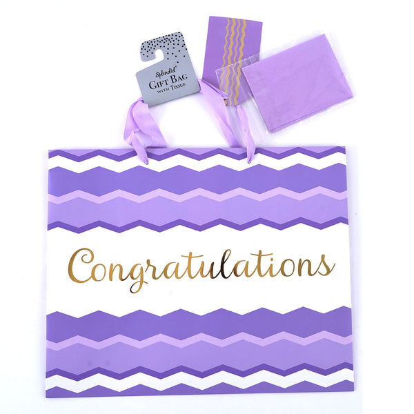 Horizontal All Occasion Purple Chevron Congratulations  Hot Stamp Gift Bag With Tissue