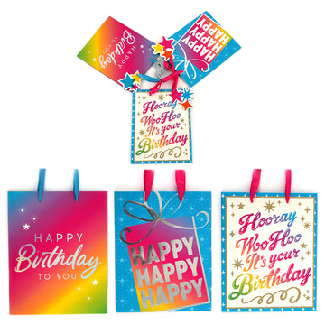 3Pk Large Birthday Pink Party Ombre Hot Stamp/Glitter Gift Bags, 3 Designs