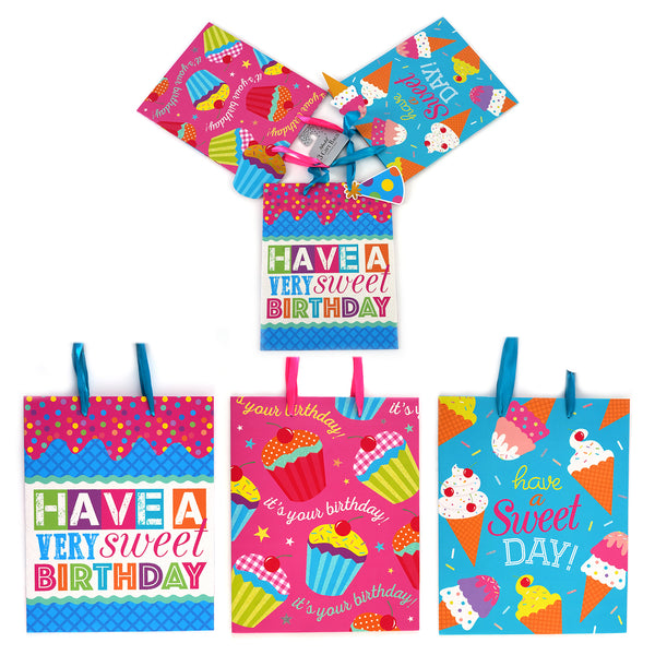 3Pk Large Birthday Super Sweets Glitter Gift Bags, 3 Designs