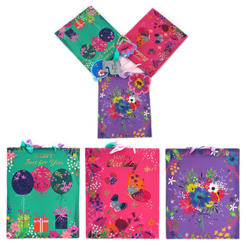 3Pk Large Birthday Flower Party Hot Stamp Gift Bags, 3 Designs