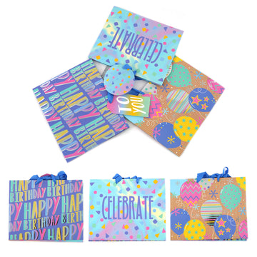 3Pk Horizontal Large Birthday Spectacular Hot Stamp Gift Bags, 3 Designs