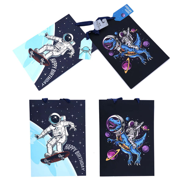 2Pk Extra Large Birthday Astronaut-Dino In Space Hot Stamp Gift Bags