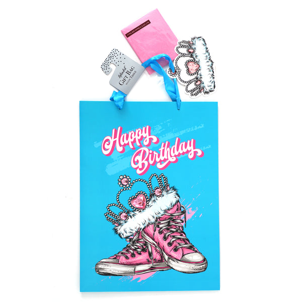 Extra Large Birthday Pink Sneakers & Crown Glitter Gift Bag, With Tissue