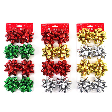 8Ct 3.5" Christmas Solid Color Metallic Bows, 3 Assortments