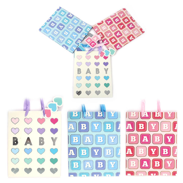 3Pk Large Baby Blocks &  Hearts Hot Stamp Gift Bags, 3 Designs