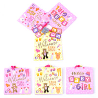 3Pk Square Square Welcome Baby Pink Hot Stamp Gift Bags, 3 Designs