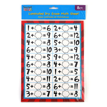 8Ct Educational Laminted Dry Erase Math Sheets, Addition & Subtraction, 8.5" X 11"