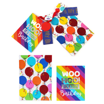 2Pk E/L Birthday Rainbow-Balloons Platinum Elite Hot Stamp/Glitter Gift Bags With Sash