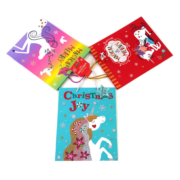 3Pk Large Christmas Unicorn Glitter Bag, 4 Designs