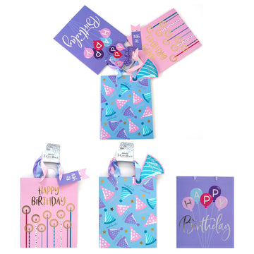 3Pk Large Birthday Pink & Purple Hot Stamp Premium Plus Bag, 3 Designs