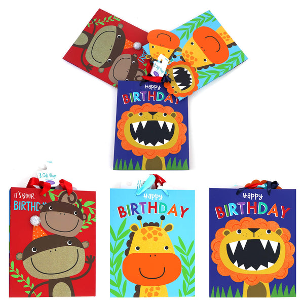 3Pk Large Birthday Jungle Party Hot Stamp/Glitter Premium Plus Bag, 3 Designs