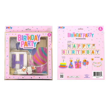 6Pc Party In Box Set/Pink Box, 1Pk Paper Banner, 4Pk Paper Cutouts, 1Pk Paper Cake Topper