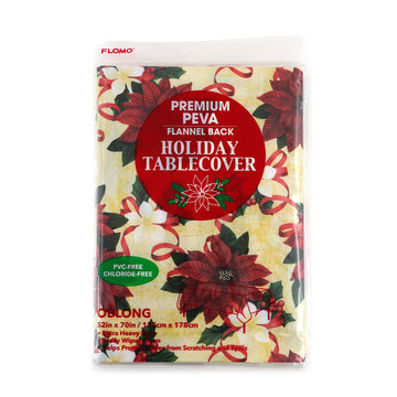 Christmas Poinsettia Oblong Premium Flannel Back Tablecover, 52" X 70"