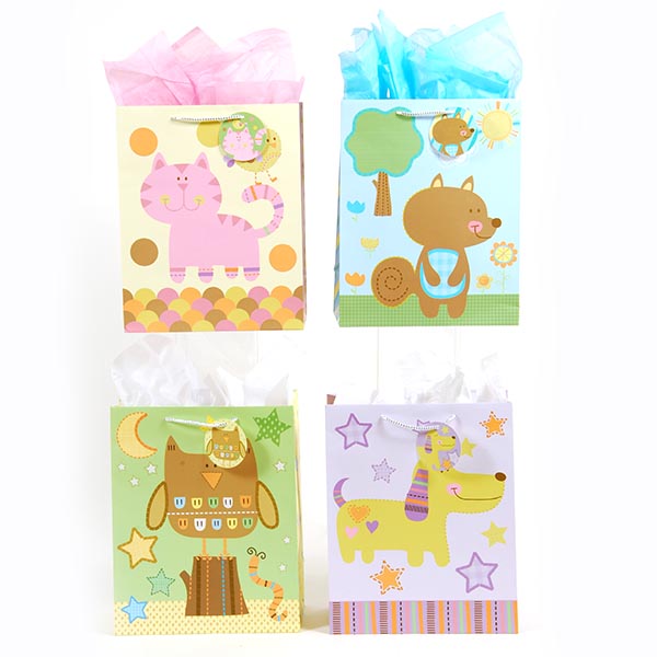 B-THERE Bundle of 4 Large 10” x 12” x 5” Baby Gift Bags with Tags and