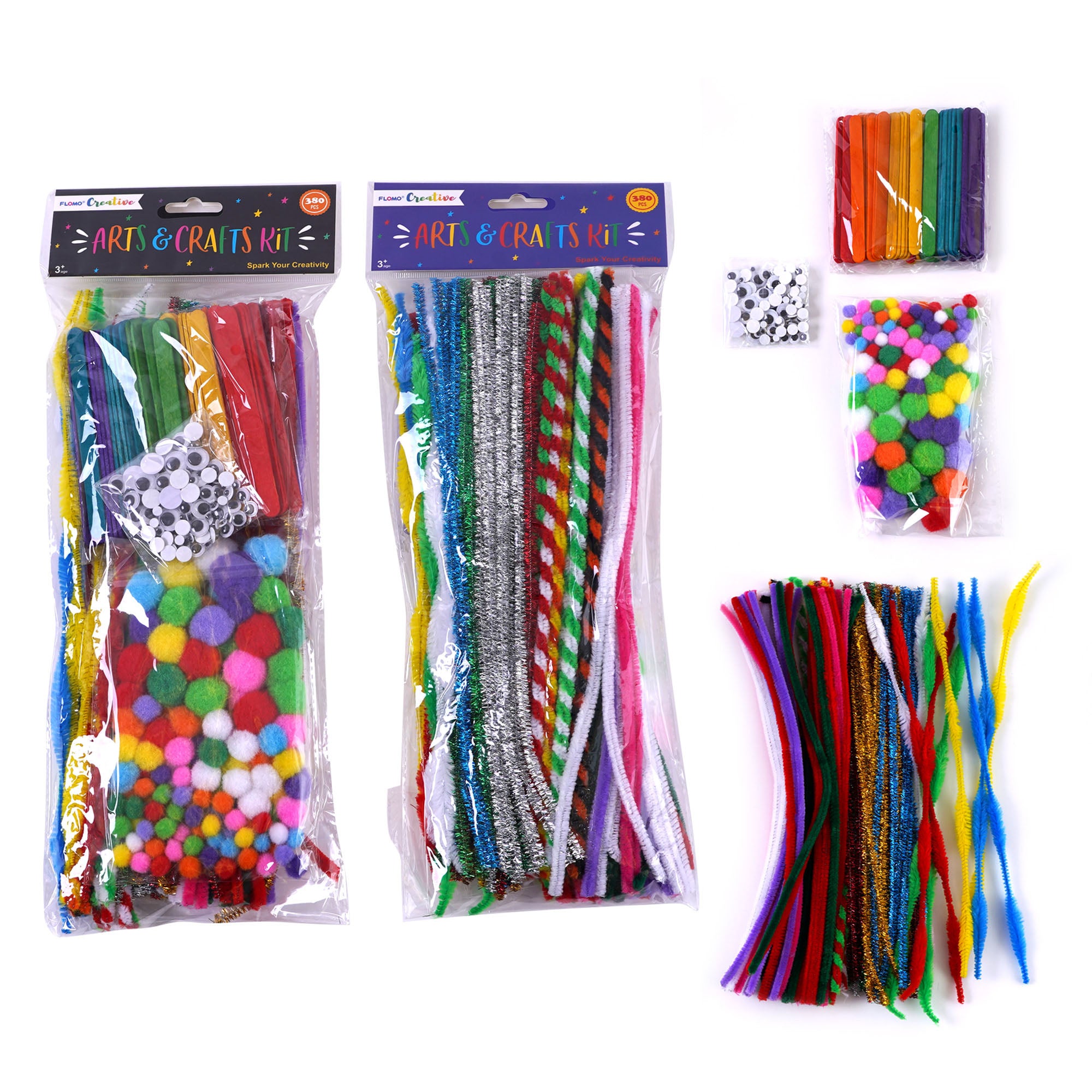 RELAX 250Pcs DIY Art Craft Kit for Kids with Yarn Chenille Pipe Cleaners Pom  Poms Ice Cream Sticks Colorful Feathers Cardboard Buttons, Poms Crafts for  Kids DIY 