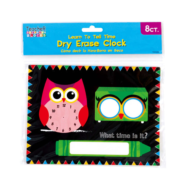 8Ct 6" X 8" Dry Erase Clock, 3 Designs