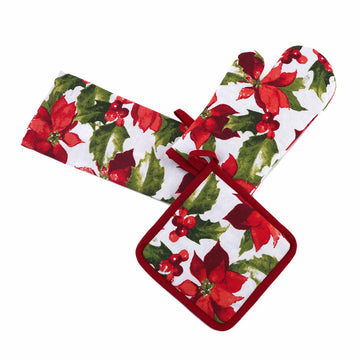 3Pc Christmas Poinsettia Oven Mitt, Pot Holder & Towel Set