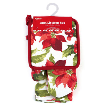 3Pc Christmas Poinsettia Oven Mitt, Pot Holder & Towel Set